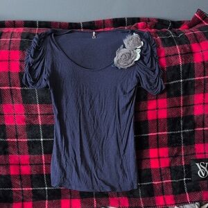 Robin K Navy Top with Floral Accent